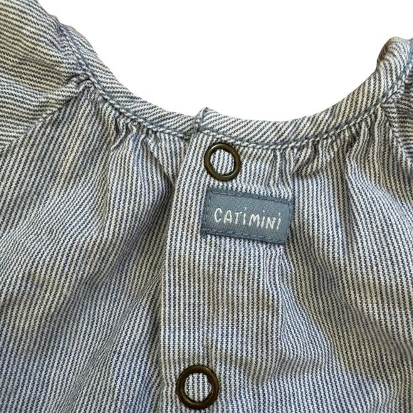 Catimini Romper Blue White Floral Embroidered Chambray Railroad Baby Girl 18M - Picture 5 of 7